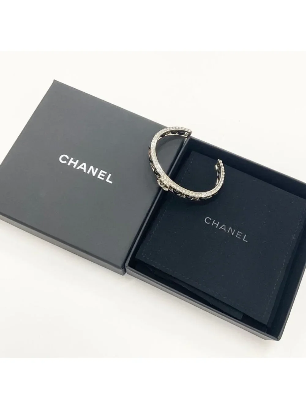 Chanel CC Logo Bangle Rhinestone Leather Bracelet Gold